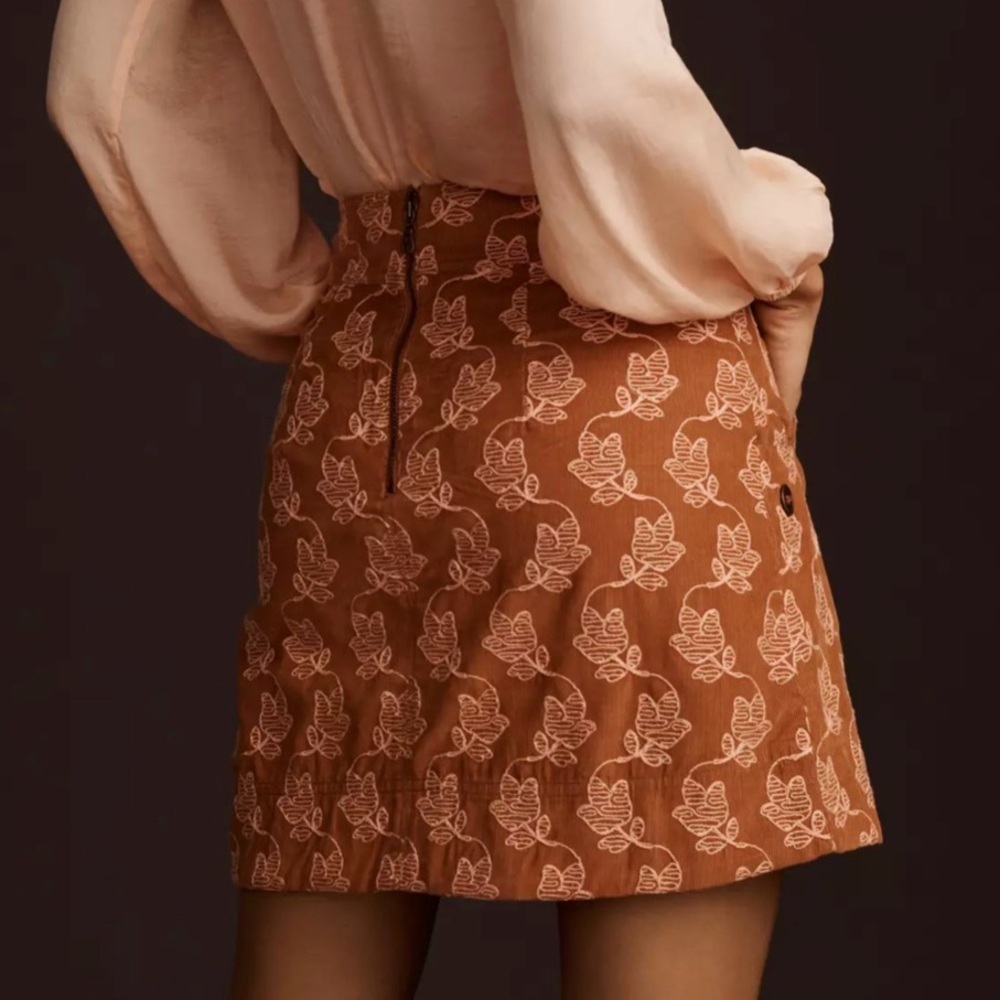 NWT Anthropologie Maeve Corduroy Mini Skirt Brown Floral Leaf Pattern Size 12 - Picture 2 of 10